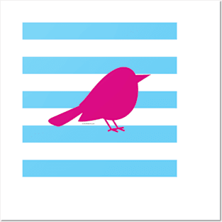 Magenta Bird Silhouette On Light Blue White Horizontal Stripes Posters and Art